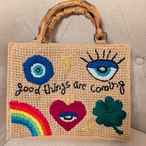 Embroidered Jute Tote with Bamboo Handles